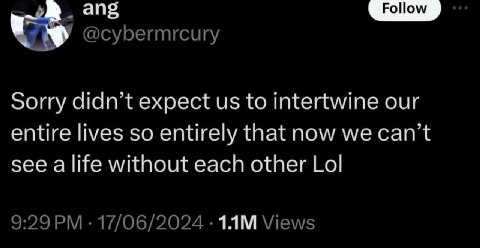 ang Follow @cybermrcury Sorry didn’t expect to intertwine our entire lives so entirely that now we can’t see a life without each other Lol 9:29 17/06/2024 Views