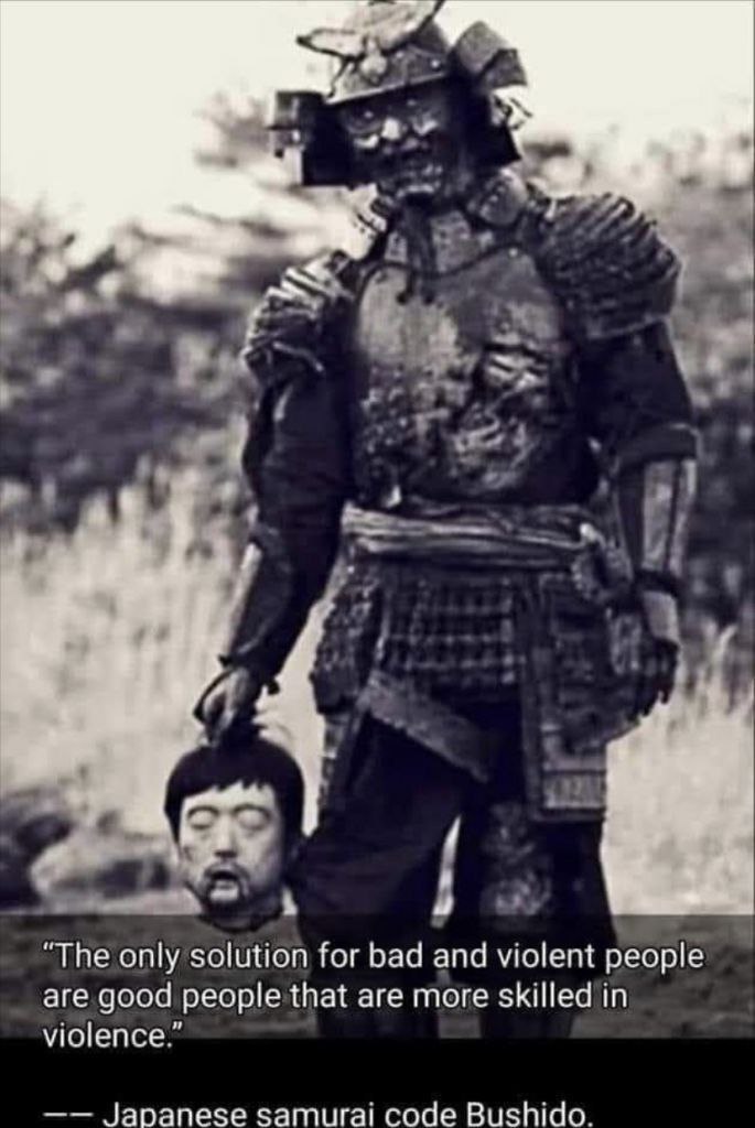 “The only solution for bad and violent people are good people that are more skilled in violence.” Japanese samural code Bushido.