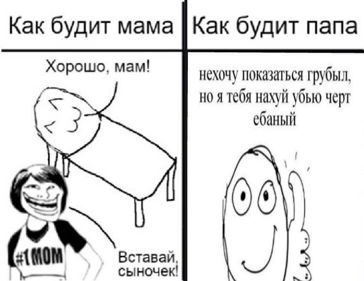 Как будит мама Как будит папа Хорошо, мам! нехочу показаться грубыл, я тебя нахуй убью черт ебаный 0 Вставай, сыночек! a 8