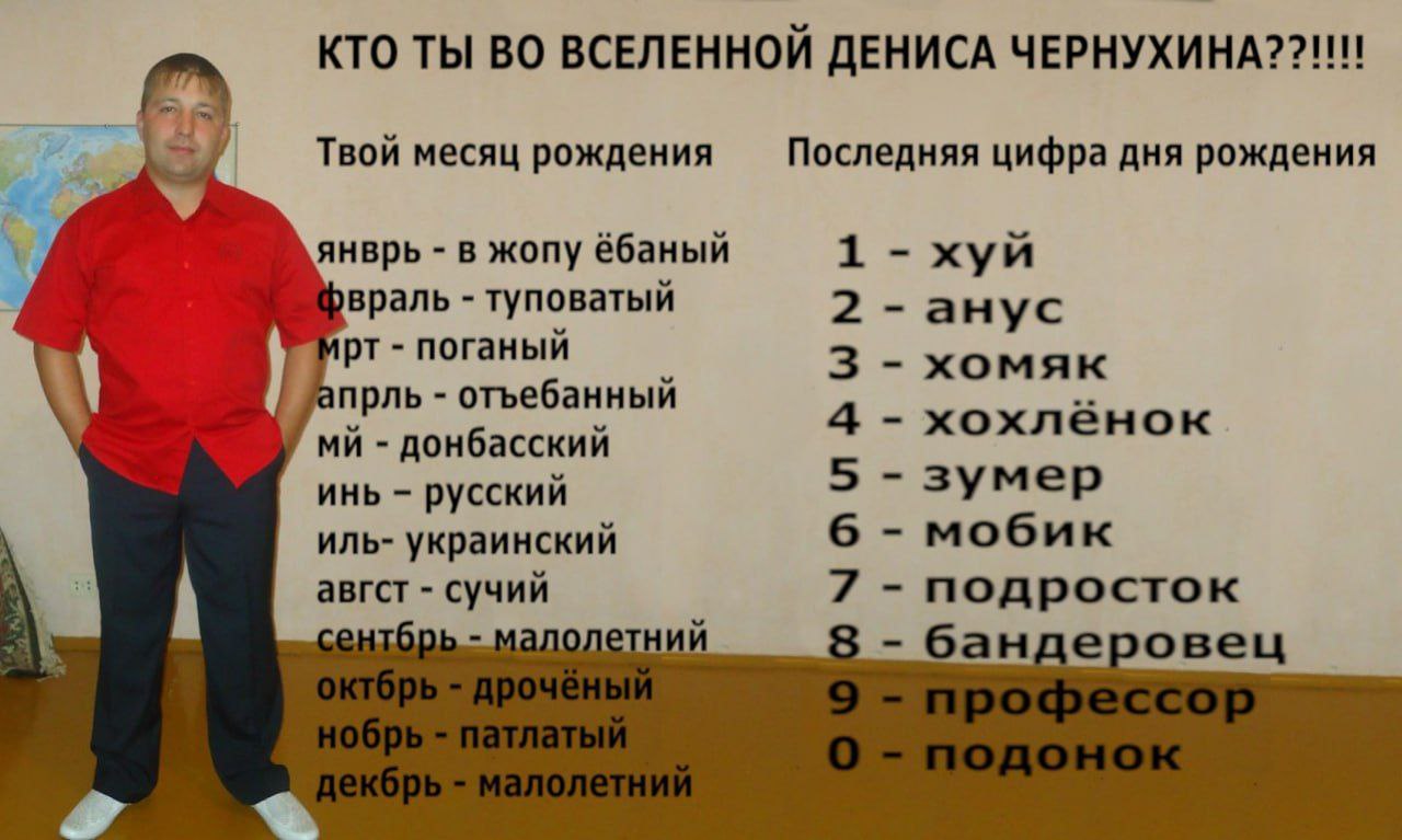 КТО ТЫ ВО ДЕНИСА Твой месяц рождения Последняя цифра дня рождения янврь в жопу ёбаный 1 хуй туповатый 2 анус 4 поганый 3 хомяк отъебанный -хохланок донбасский инь русский 5 зумер иль- украинский 6 моб