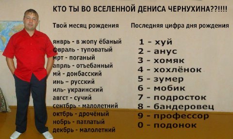 КТО ТЫ ВО ДЕНИСА Твой месяц рождения Последняя цифра дня рождения янврь в жопу ёбаный 1 хуй туповатый 2 анус 4 поганый 3 хомяк отъебанный -хохланок донбасский инь русский 5 зумер иль- украинский 6 моб