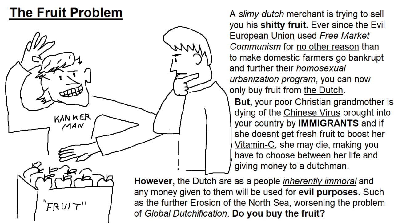 The Fruit Problem A slimy dutch merchant is trying to sell you his shitty fruit. Ever since the Evil European Union used Free Market Communism for no other reason than to make domestic farmers bankrup