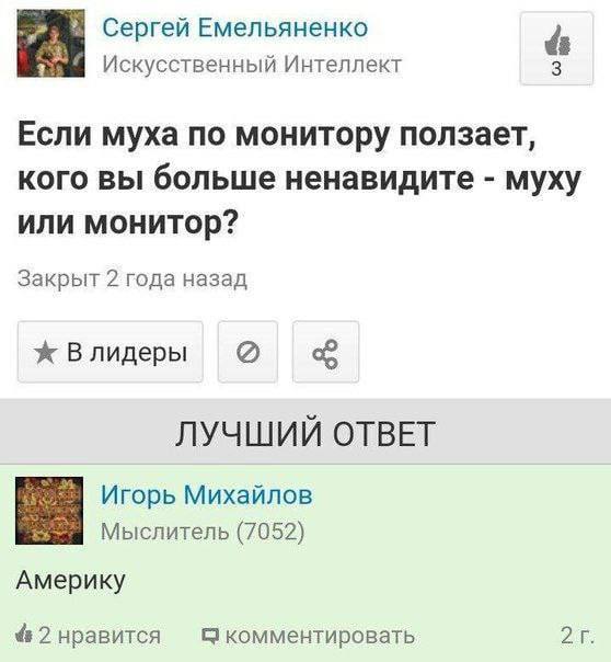 Сергей Емельяненко Искусственный Интеллект Если муха по монитору ползает, кого вы больше ненавидите муху или монитор? Закрыт 2 года назад ж Влидеры ЛУЧШИЙ ОТВЕТ Игорь Михайлов Мыслитель (7052) Америку