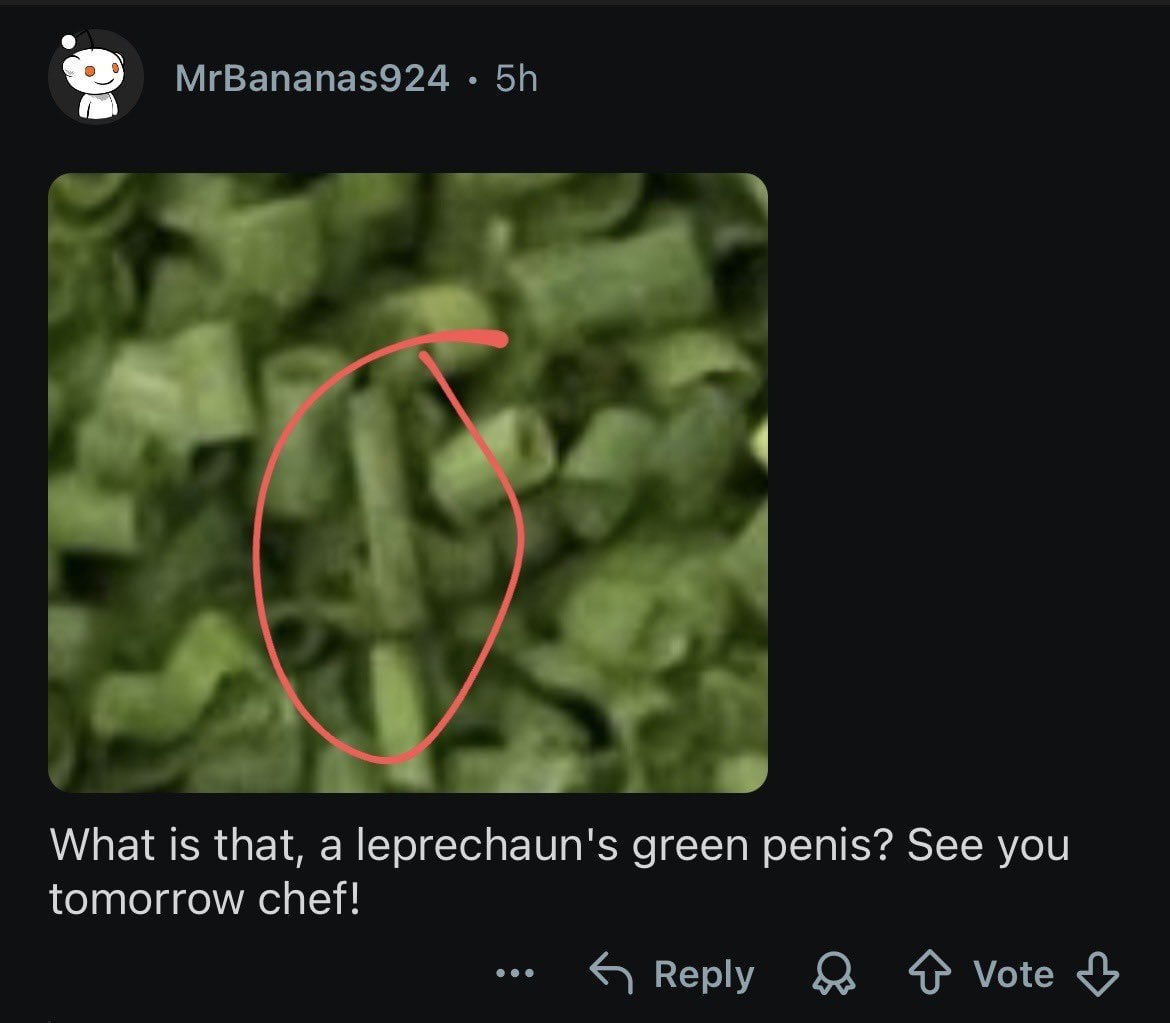 МгВапапа$924 я What is that, а leprechaun's green penis? See you tomorrow chef! Reply vote