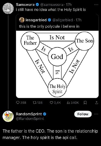 Samswara @san 72 i still have no idea what the Holy Spirit is lessgarbled @allg: this is the only polycule 1 believe in The Spirit RandomSprin @RandomSp The father is the CEO. The son is the relations