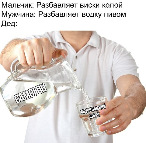 Мальчик: Разбавляет виски колой Мужчина: Разбавляет водку пивом Дед: 4 4