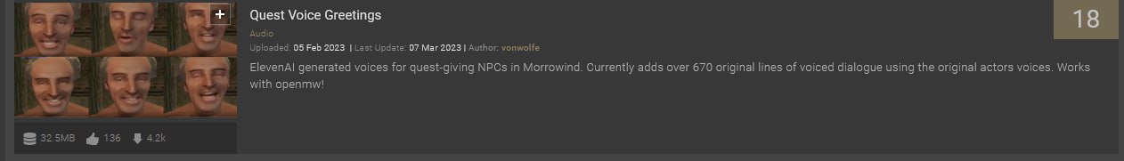 one of ElevenAI-based mods are in top 20 mods on Nexus for Morrowind