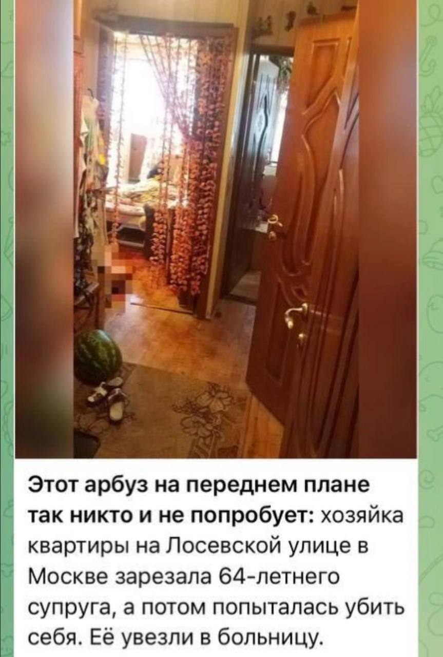 i 4 i) Этот арбуз на переднем плане так никто и не попробует: хозяйка квартиры на Лосевской улице в Москве зарезала 64-летнего супруга, а потом попыталась убить себя. Её увезли в больницу.