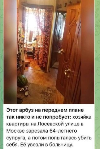 i 4 i) Этот арбуз на переднем плане так никто и не попробует: хозяйка квартиры на Лосевской улице в Москве зарезала 64-летнего супруга, а потом попыталась убить себя. Её увезли в больницу.