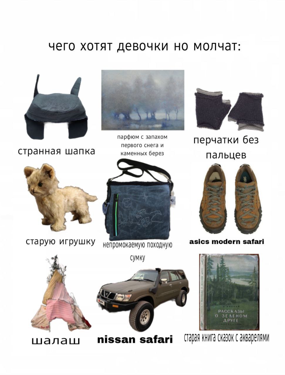 чего хотят девочки но молчат: парфюм с запахом первого снега и перчатки без странная шапка каменных берез пальцев 00 старую непромокаемую походную asics modern safari сумку nissan safari CKaBOK