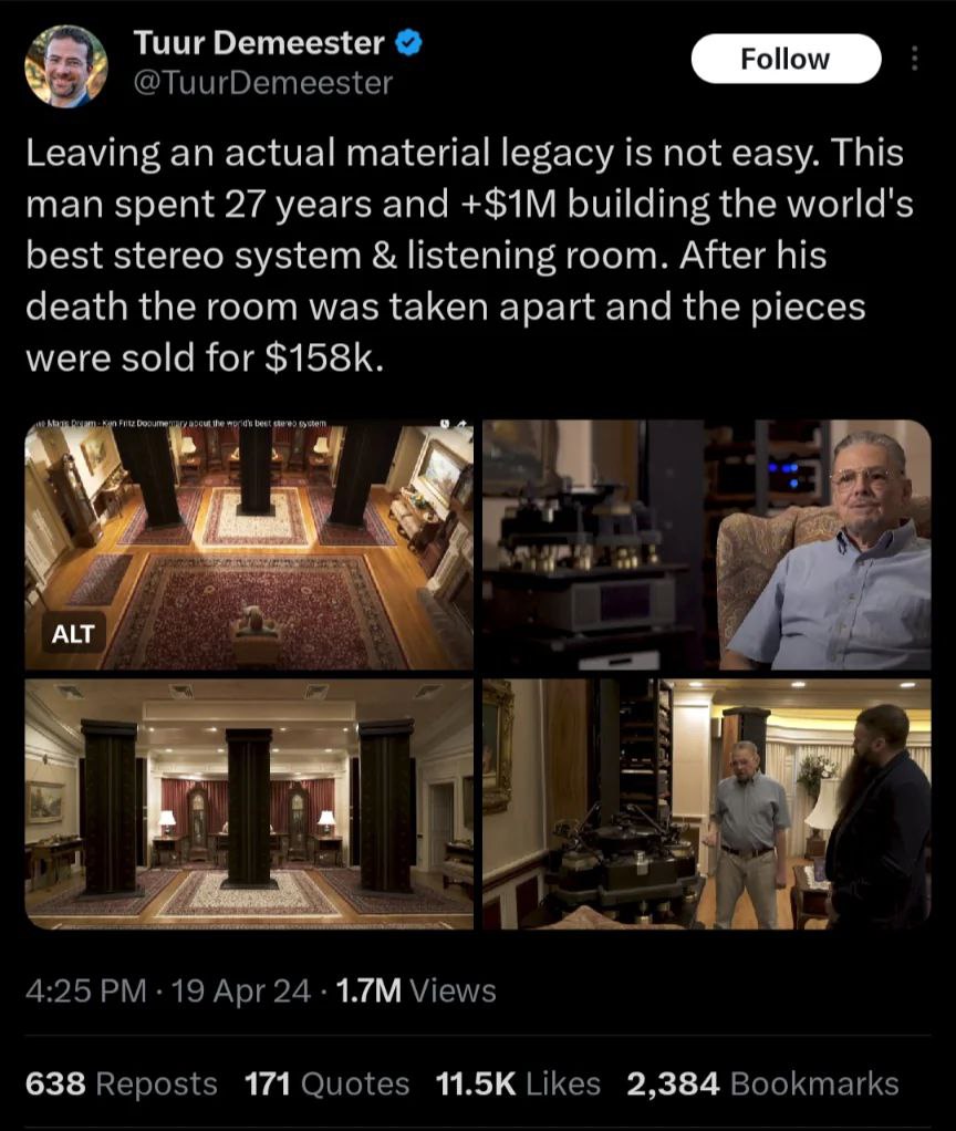 Tuur Demeester Роном Leaving an actual material legacy is not easy. This man spent 27 years and building the world's best stereo system listening room. After his death the room was taken apart and the