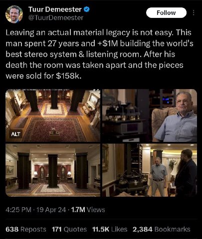 Tuur Demeester Роном Leaving an actual material legacy is not easy. This man spent 27 years and building the world's best stereo system listening room. After his death the room was taken apart and the