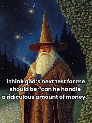 i think god’s next test forme should be “can he handle a ridiculous amount of money.”