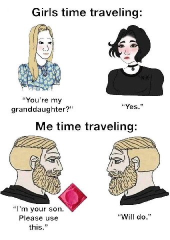 Girls time traveling: “You’re "Уве granddaughter?” Me time traveling: Я) “Рип your son. Please use “Will this.”