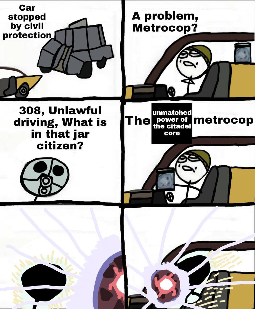 Car stopped A problem, civil Metrocop? protectio 308, Unlawful unmatched Я metrocop driving, What is the citadel core in that jar citizen? a