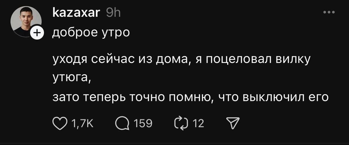 kazaxar доброе утро уходя сейчас из дома, я поцеловал вилку утюга, зато теперь точно помню, что выключил его 1,7К 159 С.) 12 У
