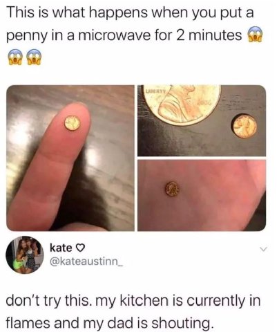 This is what happens when you put а penny in a microwave for 2 minutes kate @kateaustinn_ don't try this. my kitchen is currently in flames and my dad is shouting.