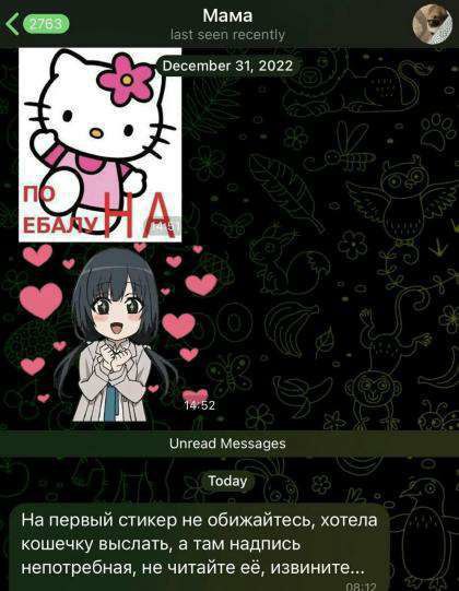 Мама 12 last seen December 31, 2022 ЕБА Unread Messages Today На первый стикер He обижайтесь, хотела кошечку выслать, а там надпись непотребная, не читайте её, извините...