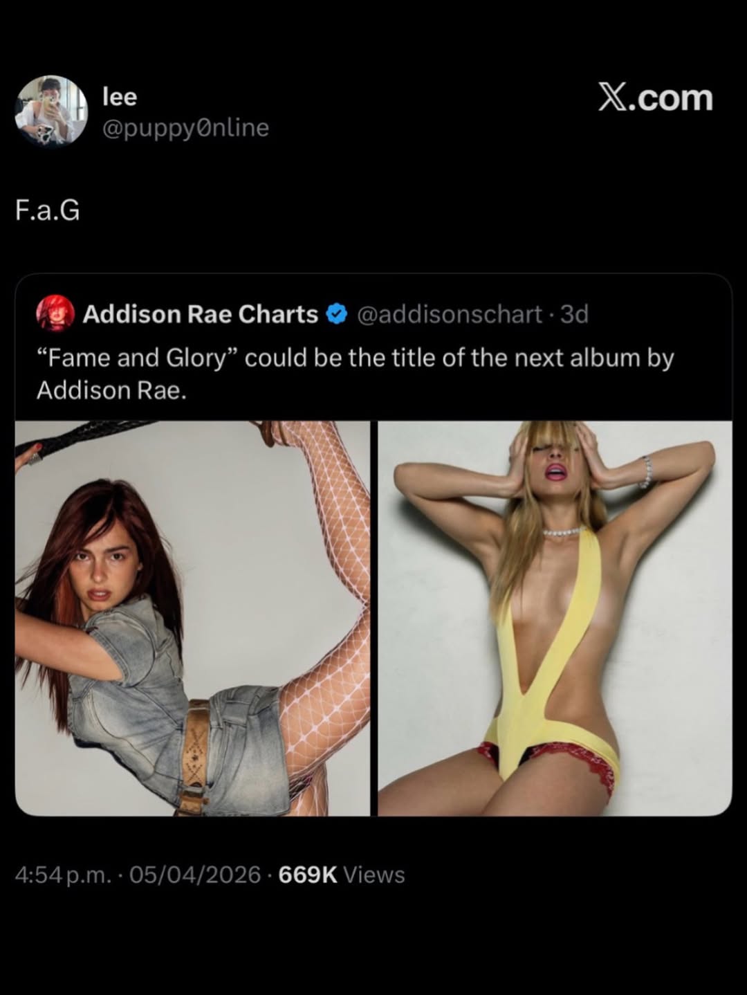 1ее Х.сот F.a.G Addison Rae Charts @addisonschart “Fame and Glory” could be the title of the next album Addison Rae. aly 05/04/2026 Views