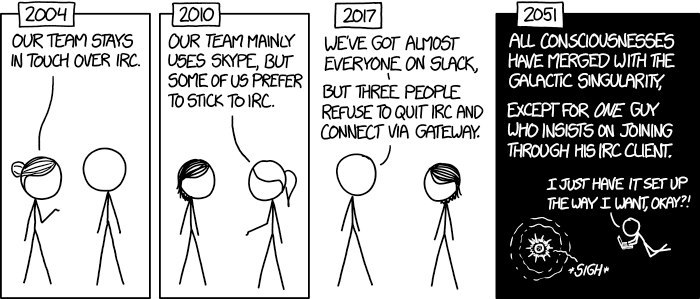 [2010 OUR TEAM STAYS OUR TEAM MAINLY Gor ALMOST ALL CONSCIOUSNESSES IN TOUCH OVER IRC. USES SKYPE, BUT EVERYONE.ON SLACK, SOME OF PREFER GALACTIC SINGULARITY ВОТ THREE PEDPLE REFUSE TO QUIT IRC AND СО