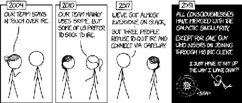 [2010 OUR TEAM STAYS OUR TEAM MAINLY Gor ALMOST ALL CONSCIOUSNESSES IN TOUCH OVER IRC. USES SKYPE, BUT EVERYONE.ON SLACK, SOME OF PREFER GALACTIC SINGULARITY ВОТ THREE PEDPLE REFUSE TO QUIT IRC AND СО