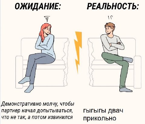 ОЖИДАНИЕ: РЕАЛЬНОСТЬ: Демонстративно молчу, чтобы партнер начал допытываться, ГЫГЫГЫ двач что не так, а потом извинился прикольно