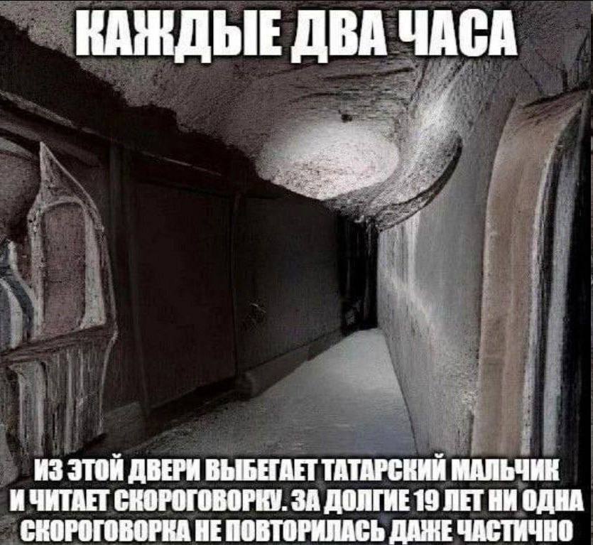 КАЖДЫЕ ДВА ЧАСА ИЗ ЭТОЙ ДВЕРИ ВЫБЕГАЕТ ТАТАРСКИЙ МАЛЬЧИК ИЧИТАЕТ СКОРОГОВОРКУ. ЗА ДОЛГИЕ 19 ЛЕТНИ ОДНА СКОРОГОВОРКА НЕ ПОВТОРИЛАСЬ ДАЖЕ ЧАСТИЧНО
