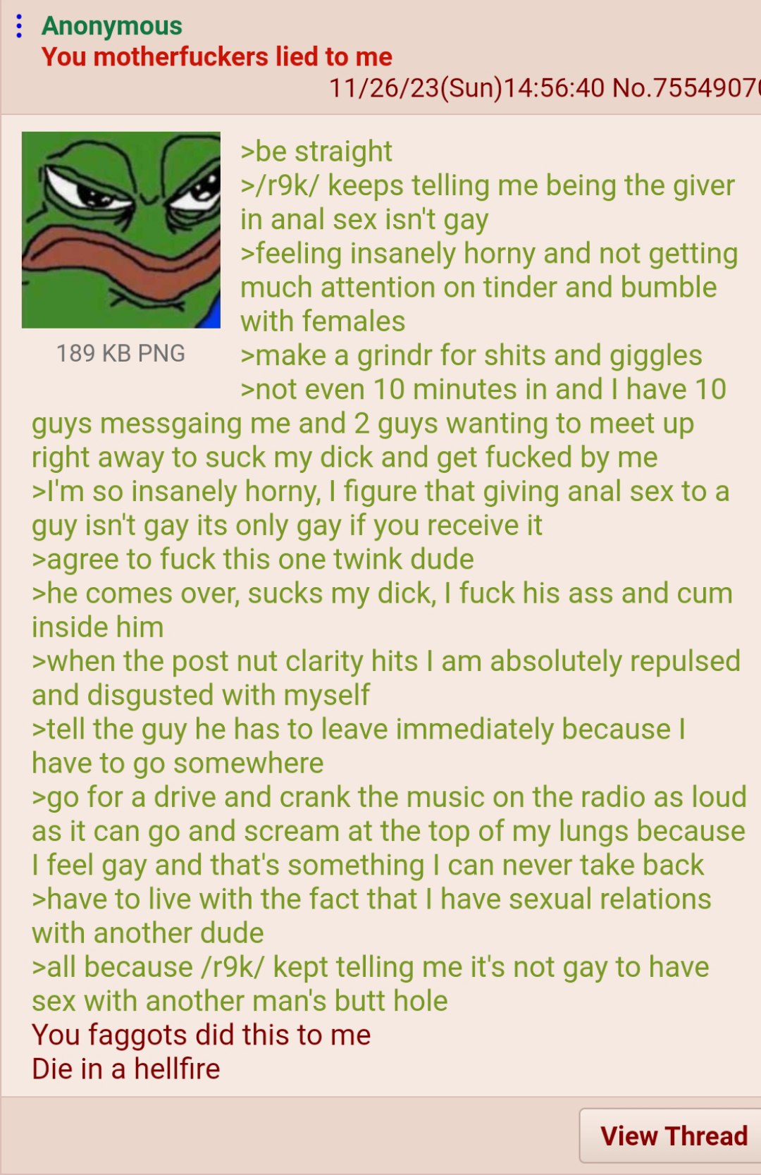 Anonymous You motherfuckers lied to me 11/26/23(Sun)14:56:40 №.7554907 >be straight keeps telling me being the giver in anal sex isn't gay >feeling insanely horny and not getting much attention on tin