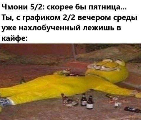 Чмони 5/2: скорее бы пятница... Ты, с графиком 2/2 вечером среды уже нахлобученный лежишь в кайфе: