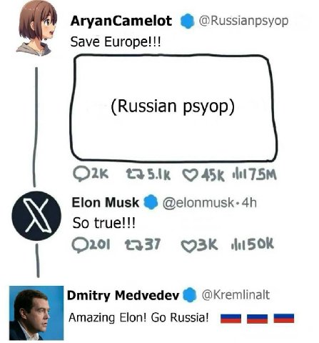 AryanCamelot @Russianpsyop 6 Save Europe!!! (Russian psyop) <245к Elon Musk @elonmusk: So true!!! +337 Dmitry Medvedev @Kremlinalt Amazing Elon! Russia!