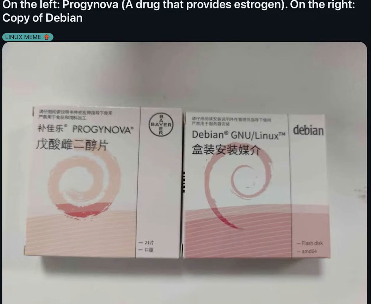 On the left: Progynova (A drug that ргомае$ estrogen). the right: Copy of Debian
