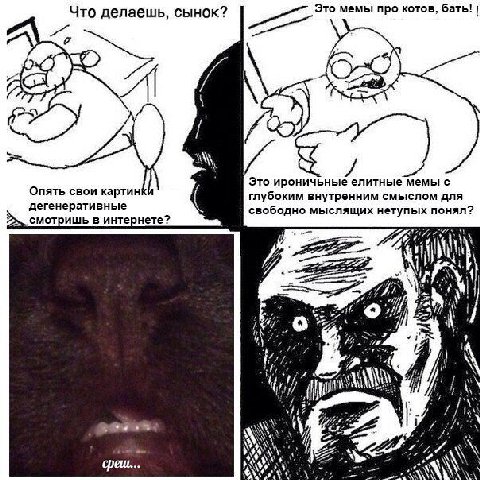 Что делаешь, сынок? Это мемы про котов, бать! A Это ироничьные елитные мемы с Опять свои картин глубоким внутренним смыслом для дегенеративные смотришь в интернете? свободно мыслящих нетупых понял? И 