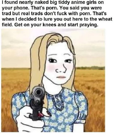 found nearly naked big tiddy anime girls on your phone. That's porn. You said you were trad but real trads don't fuck with porn. That's when decided to lure you out here to the wheat field. Get on you