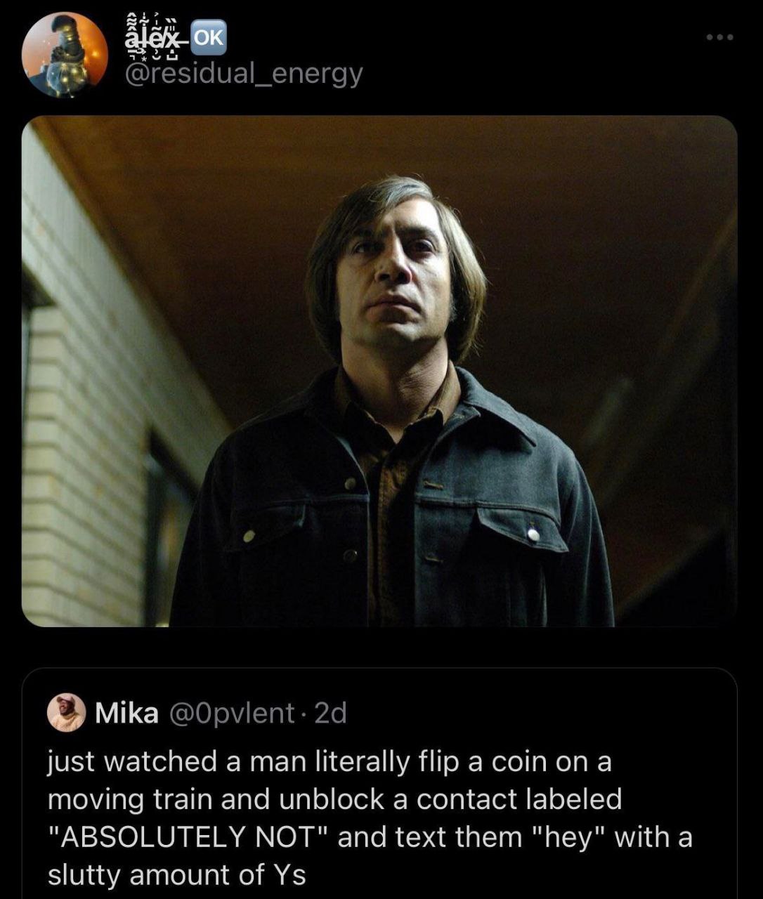Mika just watched a man literally flip а сот опа moving train and unblock a contact labeled "ABSOLUTELY NOT" and text them "hey" with a slutty amount of