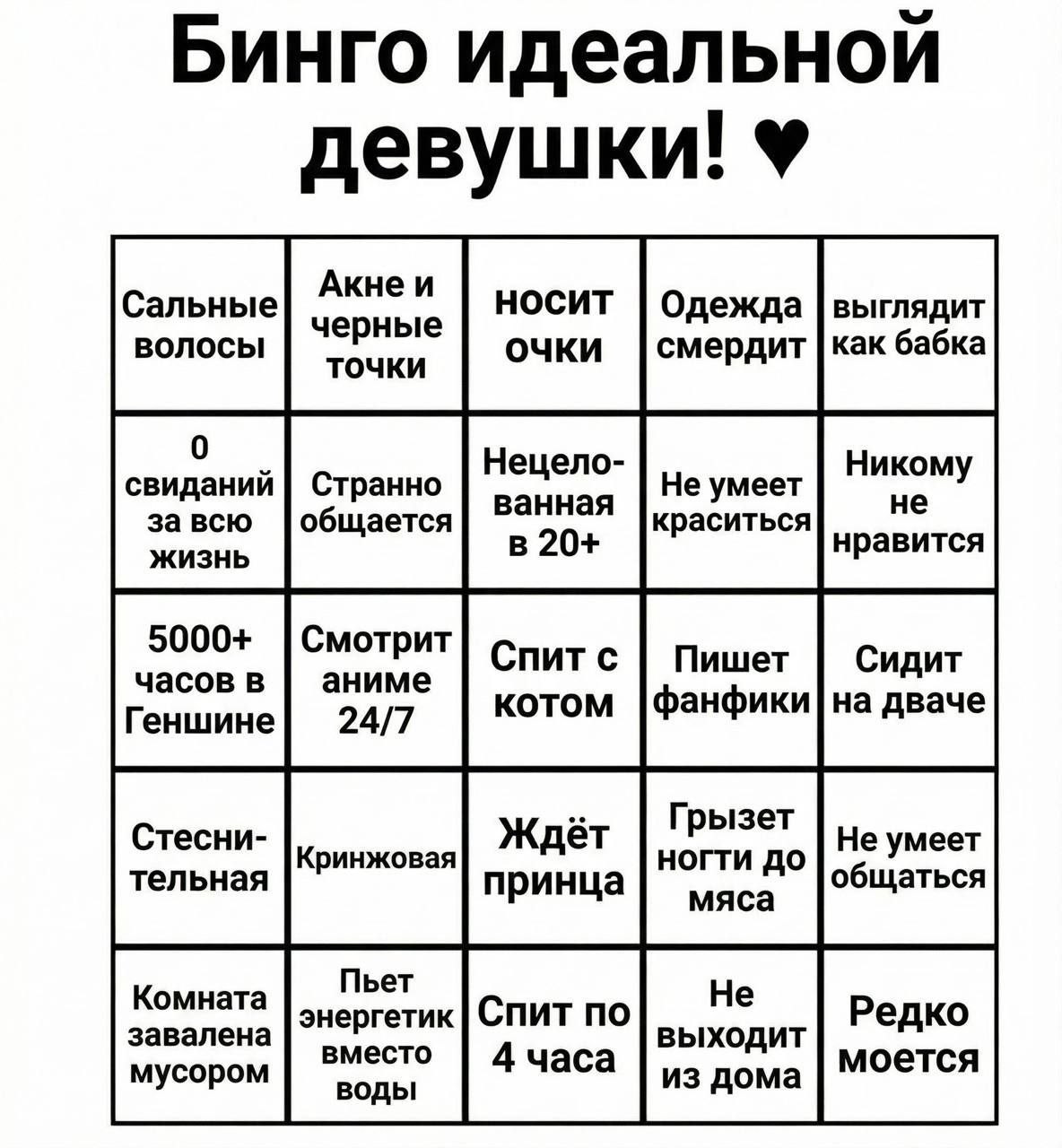 Бинго идеальной девушки! Акнеи Сальные НОСИТ Одежда ВЫГЛЯДИТ волосы черные очки как бабка точки смердит 0 Нецело- Никому свиданий Странно ванная Не умеет не 3a всю общается краситься жизнь в 20+ нрави