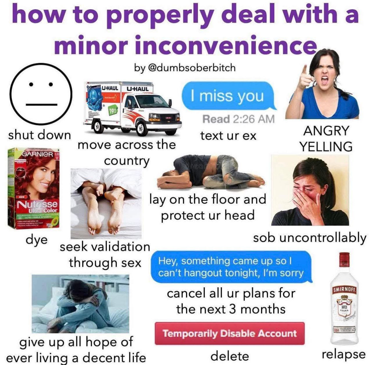 how to properly deal with а minor inconvenience @dumbsoberbitch 2 Read 2:26 ANGRY shut down move across the text YELLING country lay on the floor protect head a sob uncontrollably dye seek validation 