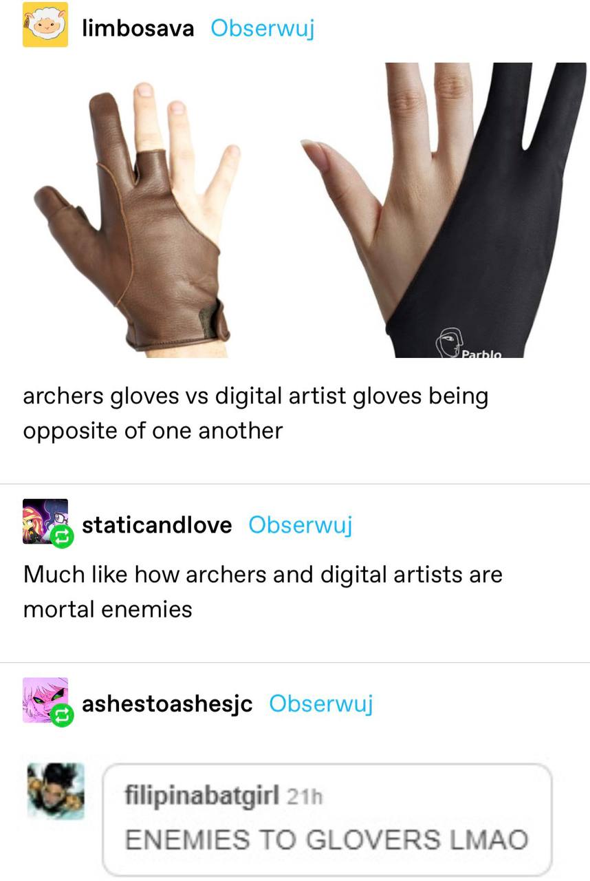 limbosava Obserwuj archers gloves digital artist gloves being opposite of one another staticandlove Obserwuj Much like how archers and digital artists are mortal enemies ashestoashesjc Obserwuj filipi