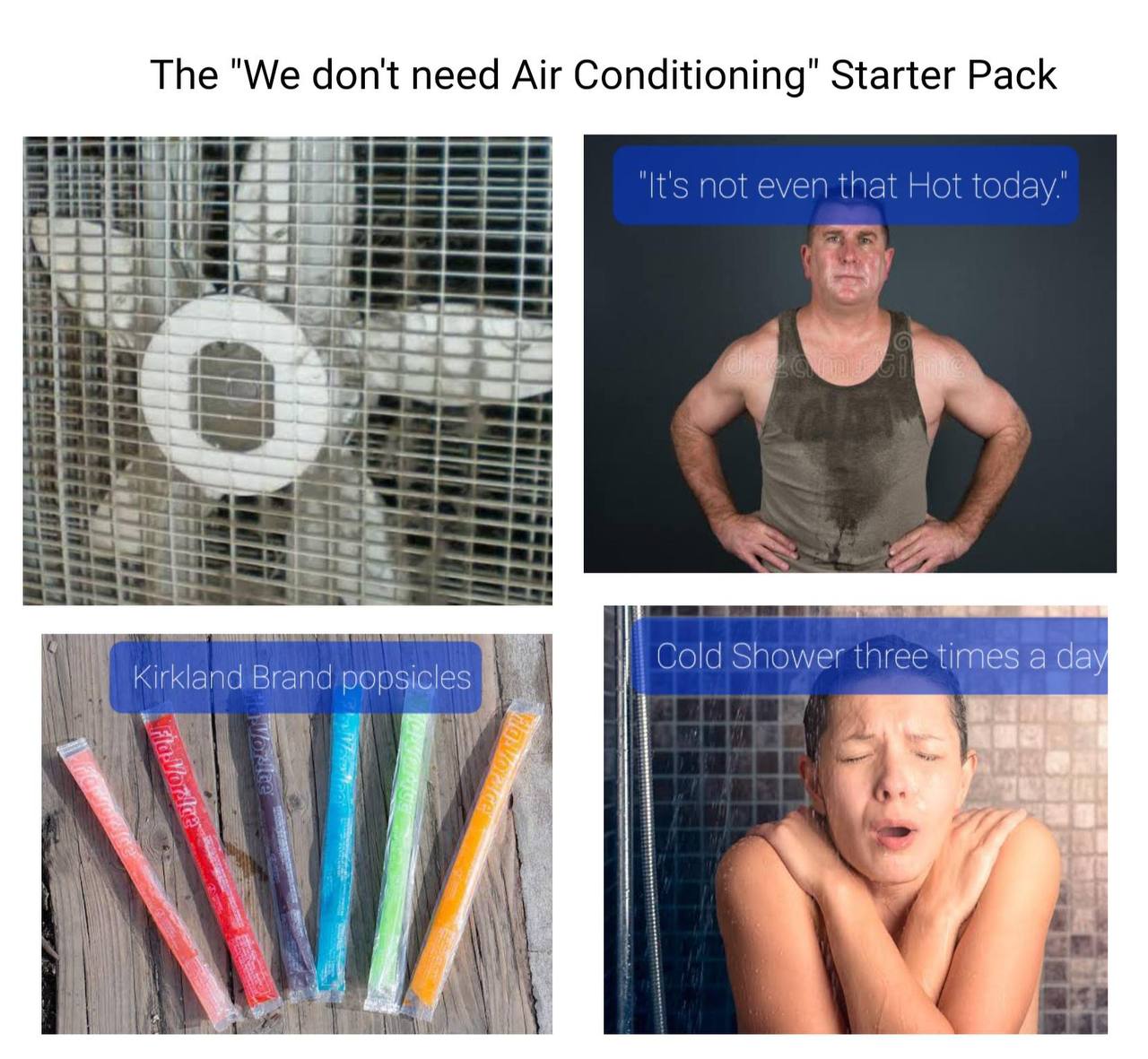 The "We don't need Air Conditioning" Starter Pack not even that Hot today’ 2» i Kirkland Brand popsicles Cold Shower three times а 98 i 1 i 2%