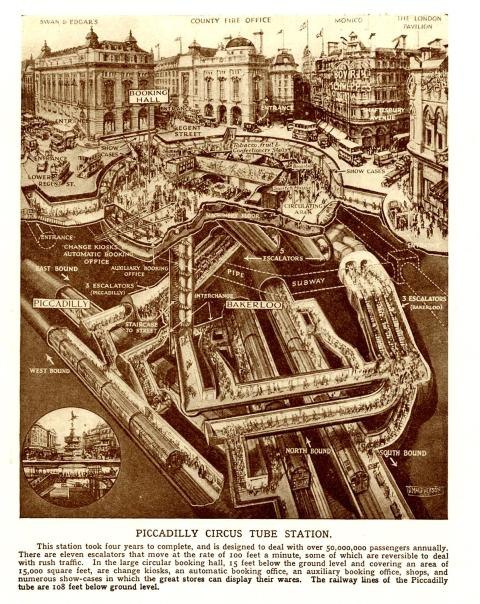 НИЕ 7 i #4 cane 3 BOUIN А 25 SOUTH BOUND 9 AN PICCADILLY CIRCUS TUBE STATION, This station took four years to compicte, and Is designed 10 deal with over 50,000,000 passengers annually. There are elev