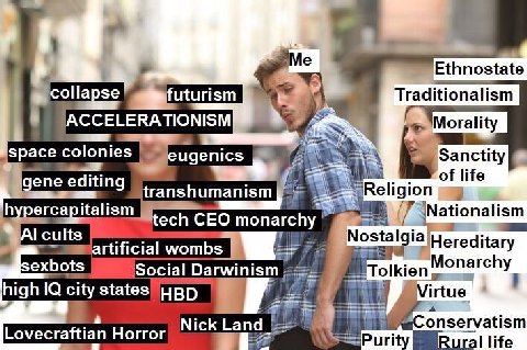 Ethnostate collapse uturism Traditionalism $7 orality space colonies eugenics Sanctity of life transhumanism регса italism Nationalism А! cults ech CEO monarchy’ wombs Nostalgia Horeditary sexbots [Зо
