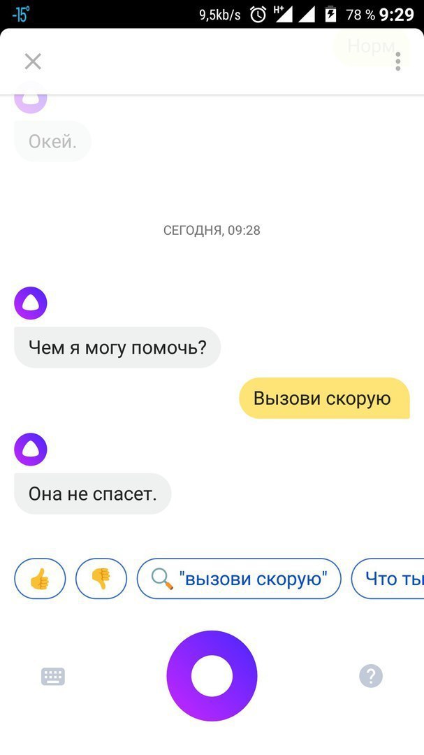 9,5kb/s “4 73%9:29 СЕГОДНЯ, 09:28 о Чем я могу помочь? Вызови скорую о Она не спасет. "вызови скорую" (Чтоть