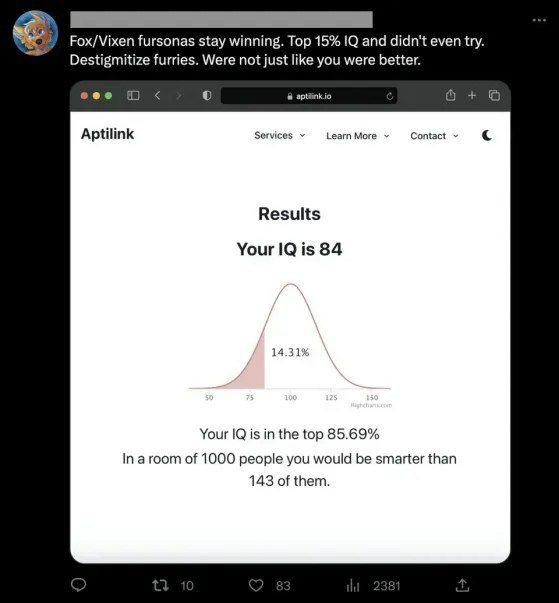 Fox/Vixen fursonas stay winning. Top 15% and didn't even try. Destigmitize furries. Were not just like you were better. eee Aptilink Services Learn More Contact Results Your is 84 14.31% Your is in th