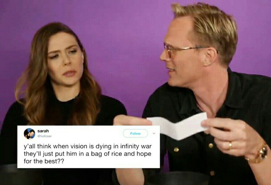 sarah y’all think when vision is dying in infinity war they'll just put him in а Бад of rice and hope for the best??