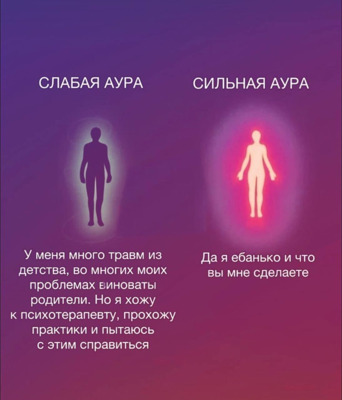 СЛАБАЯ АУРА СИЛЬНАЯ АУРА У меня много травм из Да я ебанько и что детства, во многих моих вы мне сделаете проблемах виноваты родители. Но я хожу к психотерапевту, прохожу практики и пытаюсь с этим спр