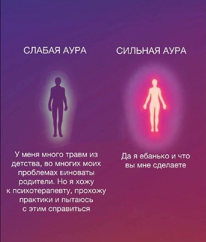 СЛАБАЯ АУРА СИЛЬНАЯ АУРА У меня много травм из Да я ебанько и что детства, во многих моих вы мне сделаете проблемах виноваты родители. Но я хожу к психотерапевту, прохожу практики и пытаюсь с этим спр