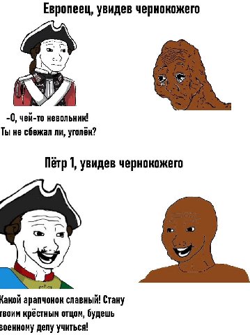 Европеец, увидев чернокожего -0, чей-то невольник! Ты не сбежал ли, yroneK? Петр 1, увидев чернокожего ‘a {акой арапчонок славный! Стану воим крёстным отцом, будешь зоенному делу учиться!
