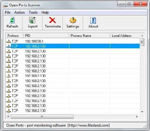 Open Ports Scanner File Action Tools Help 2 (2) Refresh Export Terminate Settings About PID Process Name Local Address TCP ТСР ТСР 192.168.2.100 TCP ТСР 192.168,2.100 TCP 192.168.2.100 192.168.2.100 Т