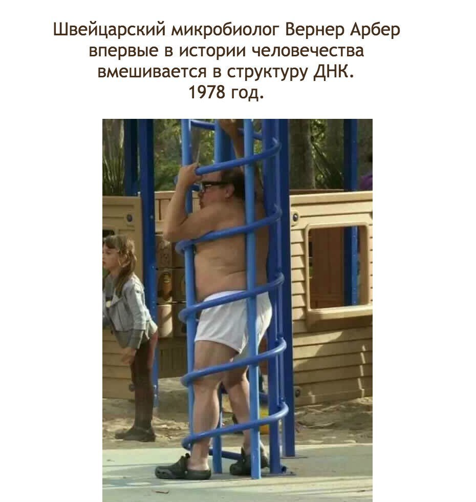 Швейцарский микробиолог Вернер Арбер впервые в истории человечества вмешивается в структуру ДНК. 1978 год. A