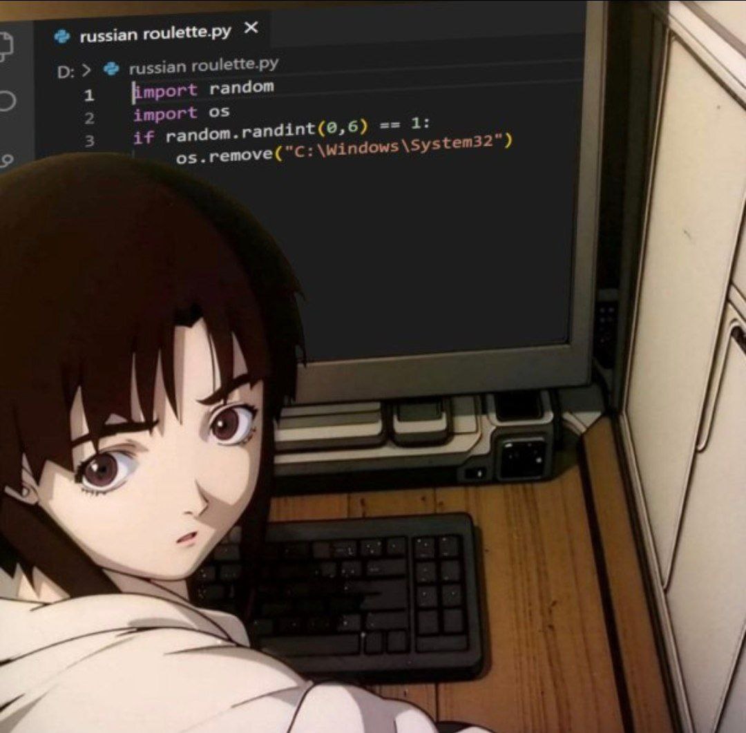 russian roulettepy О: russian roulette.py 1 fimport random import 1: if random. randint(@,6) remove("C: \windows \Syst 88