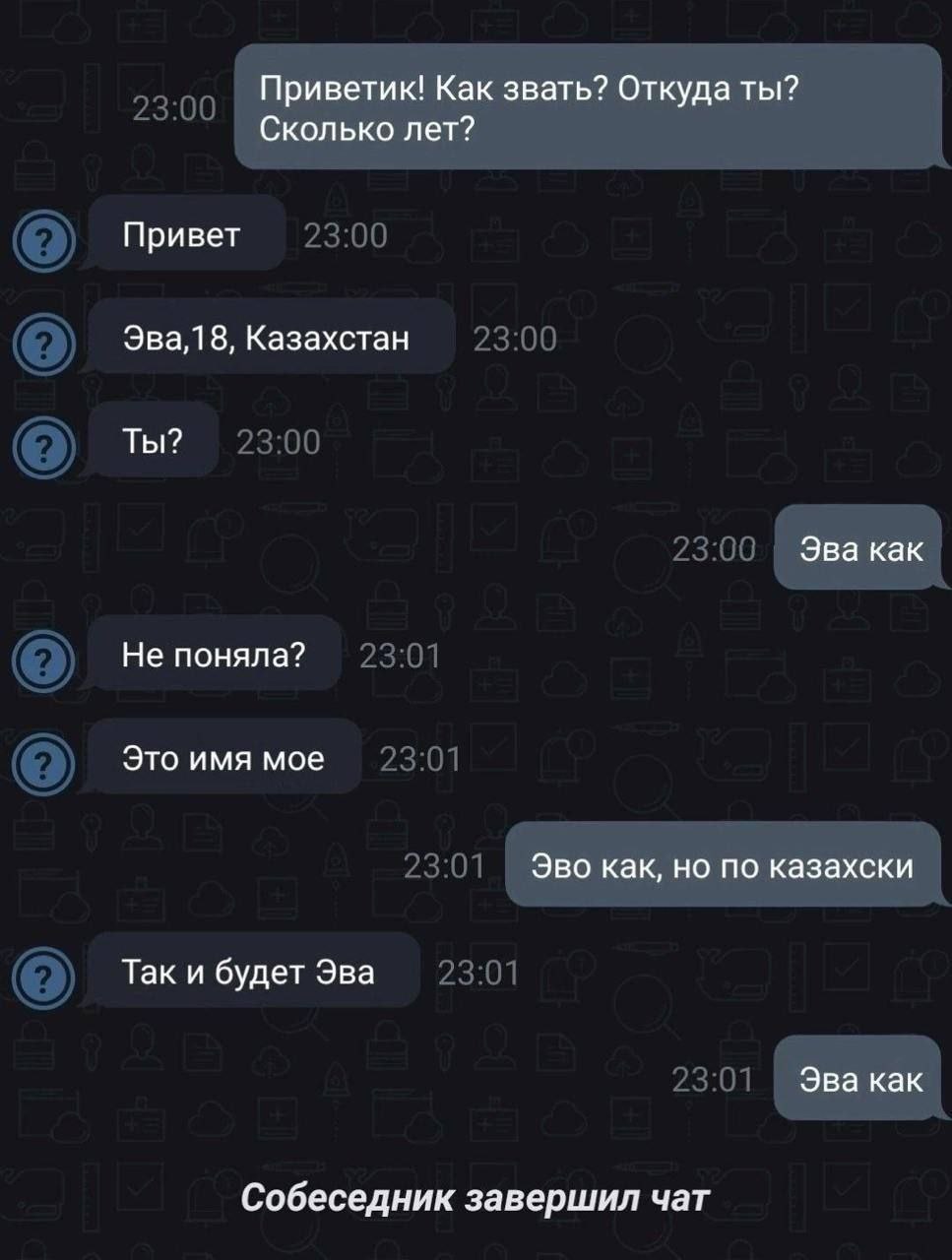 Приветик! Как звать? Откуда ты? Сколько лет? Привет Эва,1 8, Казахстан Ты? Эва как Не поняла? Это имя мое Эво как, но по казахски Так и будет Эва Эва как Собеседник завершил чат